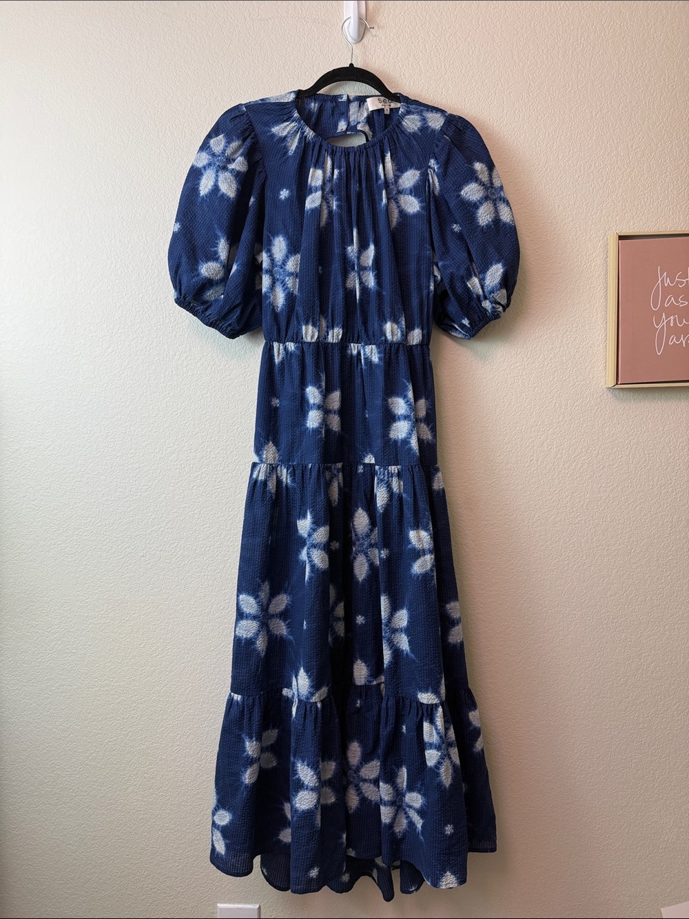 Sea New York 100% Cotton Blue Floral Puff-Sleeve Tiered Maxi Dress Size 8